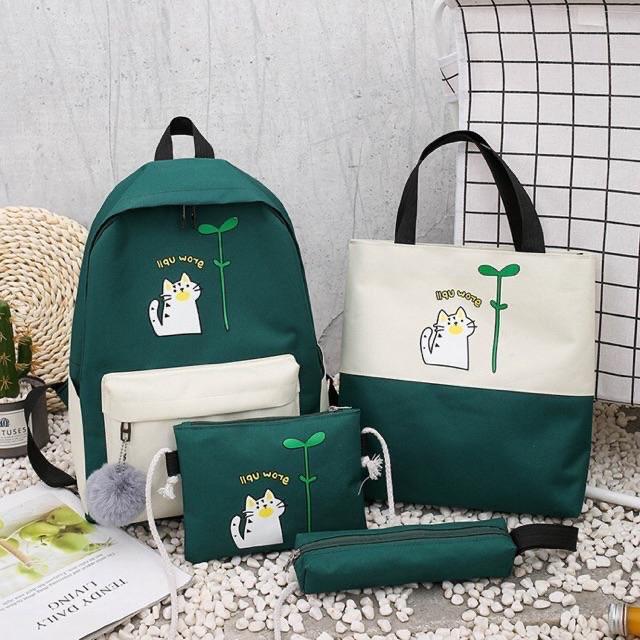 Balo nữ combo 4 món đi học thời trang sinh viên học sinh ba lô set cặp thời trang đựng laptop Balo Set 4 Món Chú Mèo Cây Mầm balo nữ vải