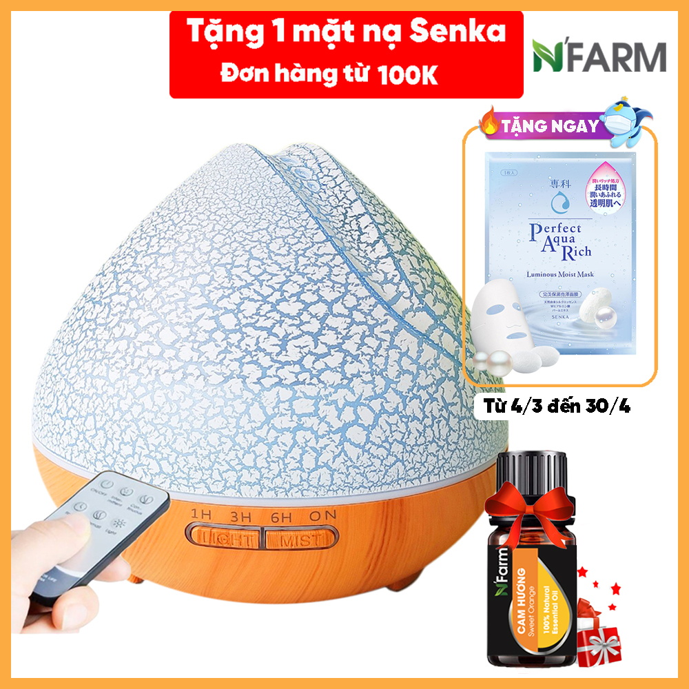 Combo máy khuếch tán, máy xông tinh dầu NFarm hình Quả Đào + tinh dầu cam hương N'Farm (10ml). Có remote điều khiển