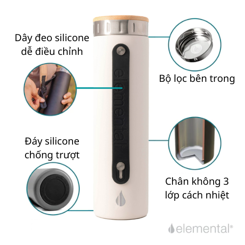 [Hàng chính hãng – Thương hiệu Mỹ] Bình giữ nhiệt Elemental Iconic màu trắng 590ml, giữ nhiệt vượt trội, inox 304, FDA Hoa Kì, An toàn sức khỏe, có lưới lọc