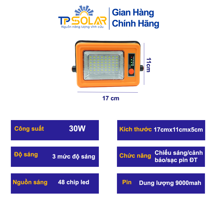 Đèn Cầm Tay Đa Năng Năng Lượng Mặt Trời TP Solar TP-X30N Công Suất 30W( Mẫu Mới) Sạc Pin Cho Điện Thoại, Chống Nước