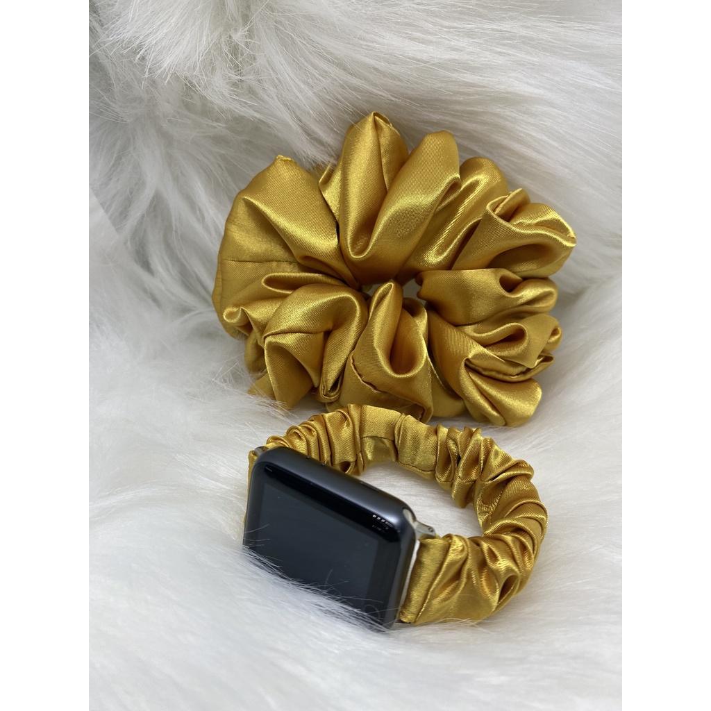 Combo dây đồng hồ apple watch + Scrunchies dây cột tóc, buộc tóc vải lụa màu vàng