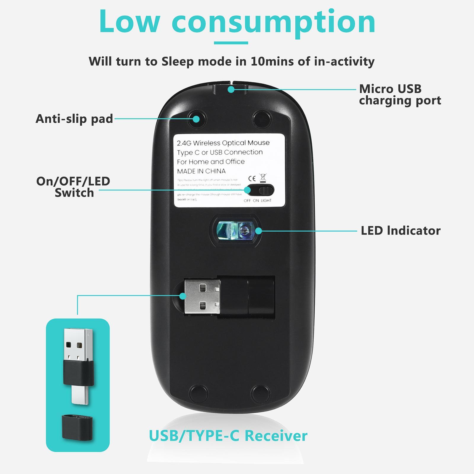 LED Wireless Mouse USB Charging 4 Button Portable LED Lights 2.4G PC