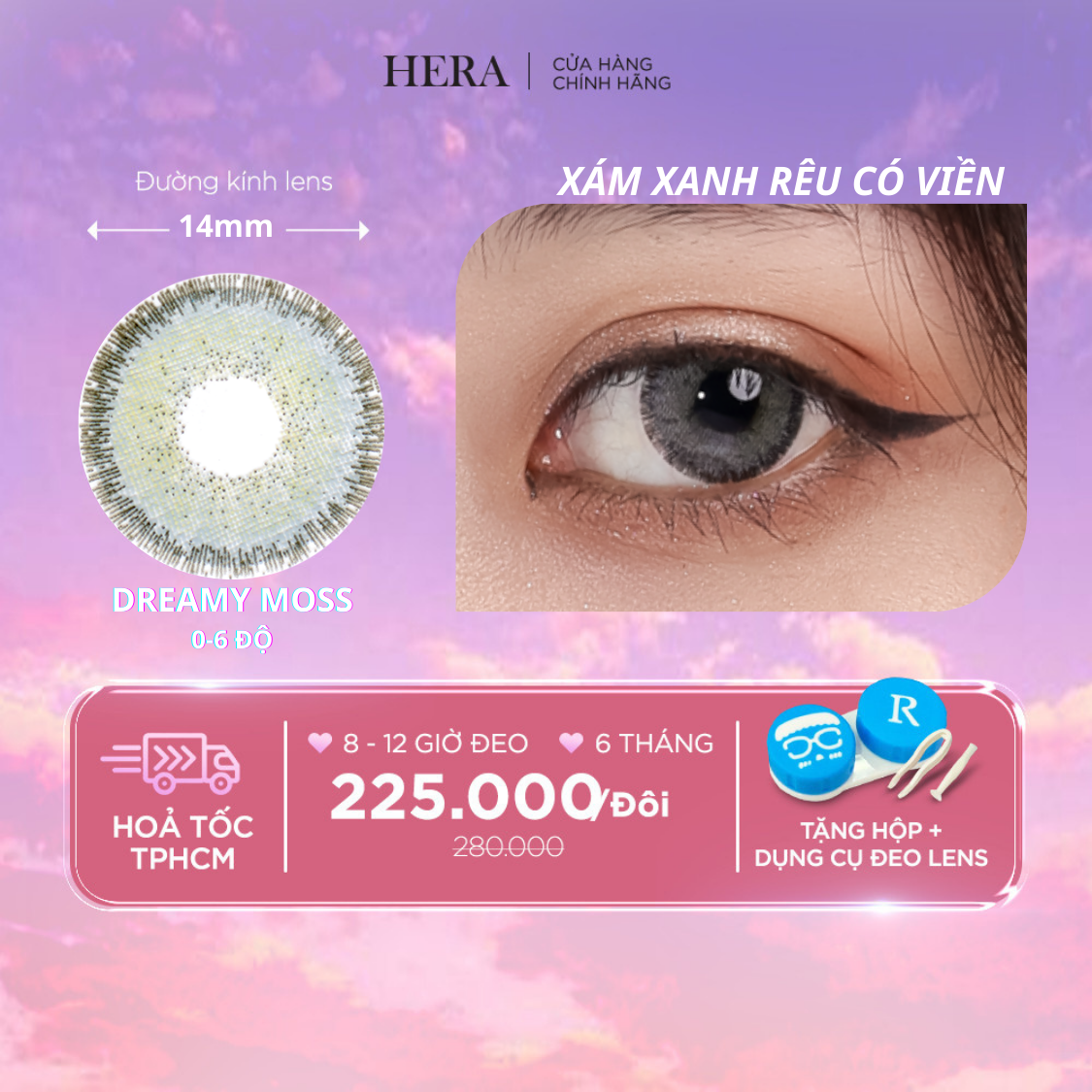 Kính Áp Tròng Hera Xám Xanh Rêu Có Viền  0 - 6 Độ DREAMY MOSS Nhập Khẩu Hàn Quốc Lens Cận 6 Tháng