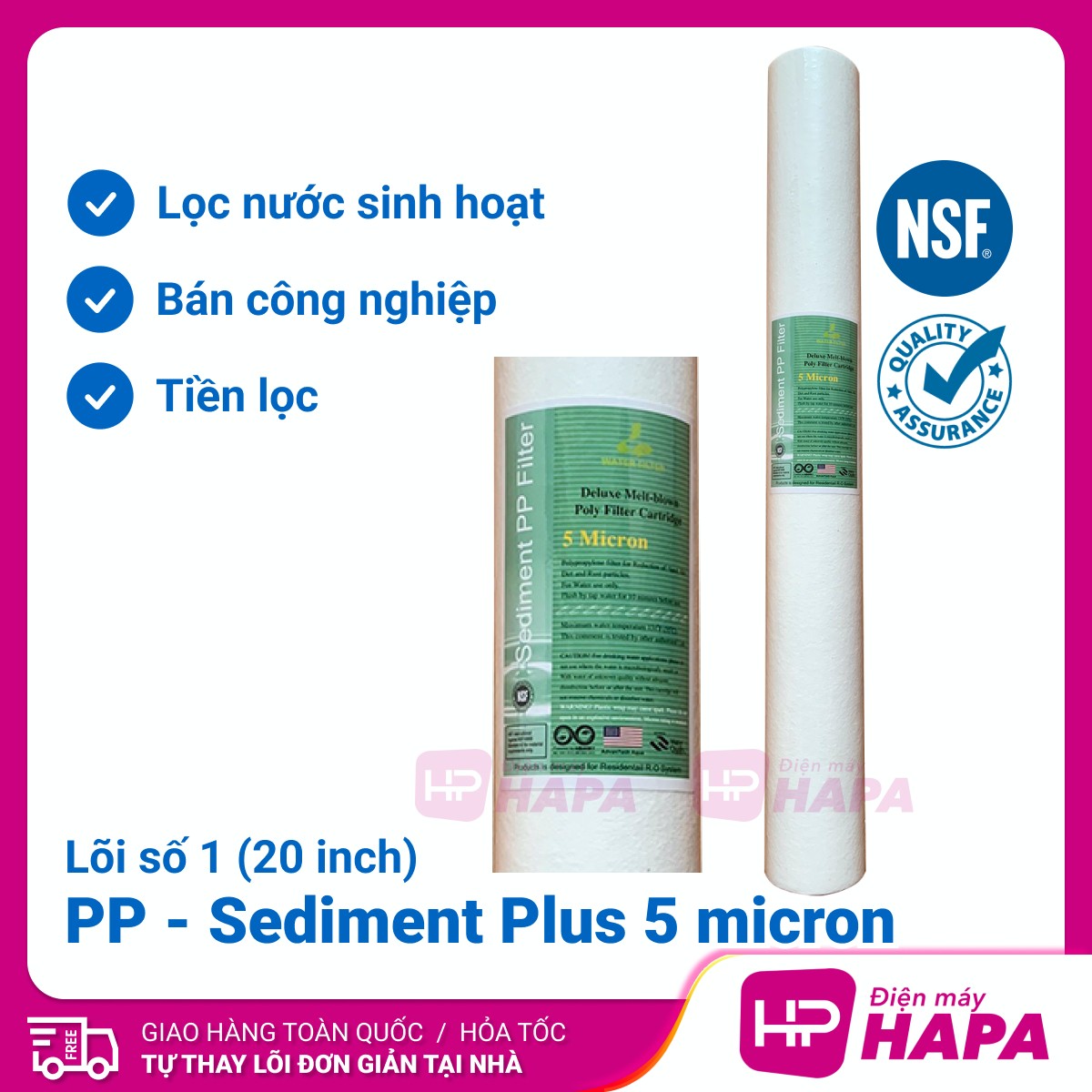 Lõi Lọc PP 20 inch Cao Cấp Plus Sediment 1-5 micron, Bộ Lõi Lọc Thô 123 - Lõi Lọc Số 1 Bán Công Nghiệp 20in - Hàng Chất Lượng - Green Filter, NestCa Dùng Cho Máy RO Karofi Sunhouse Kangaroo Daikiosan Prowatech AquaYaki Aqualife Vithaco