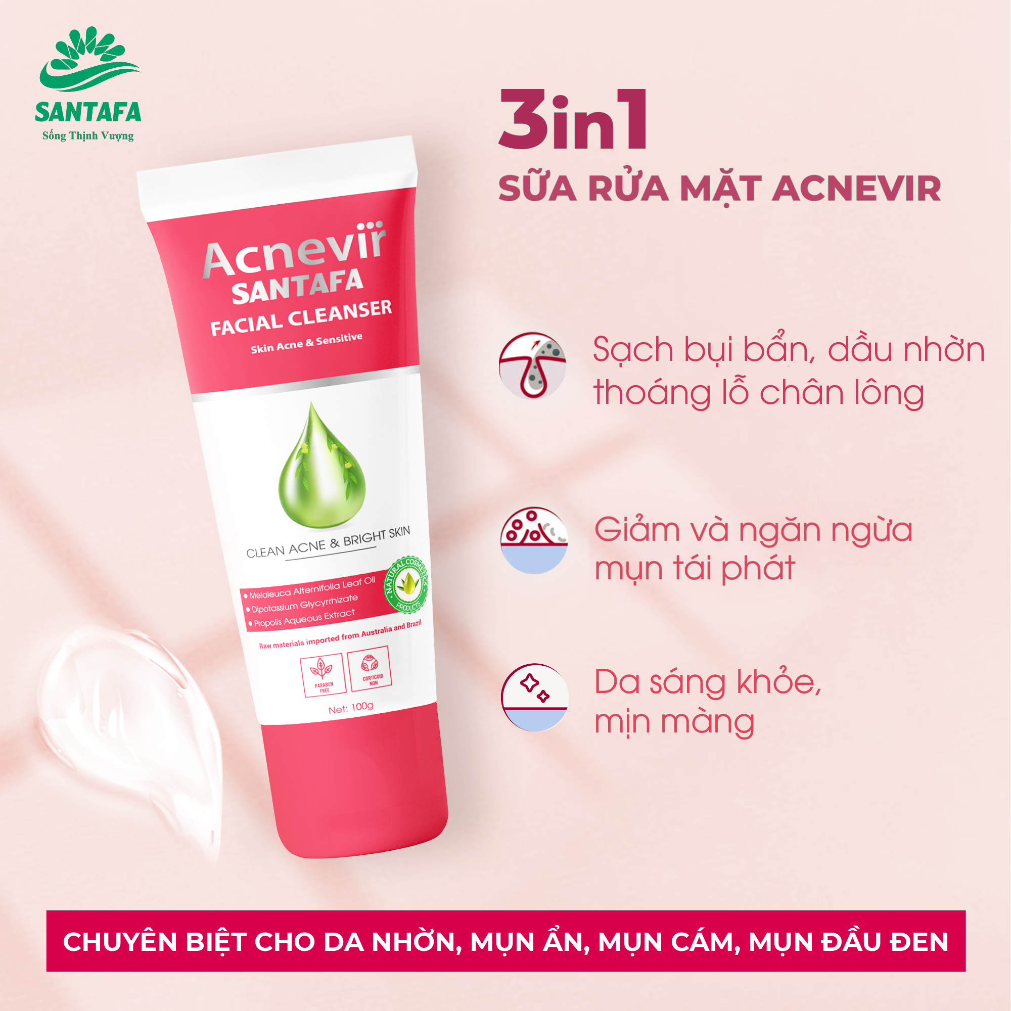 Sữa Rửa Mặt tinh chất rễ cam thảo Acnevir đỏ Santafa ngừa mụn, giảm dầu nhờn, khoá ẩm, dùng cho da nhạy cảm - Tuýp 100g