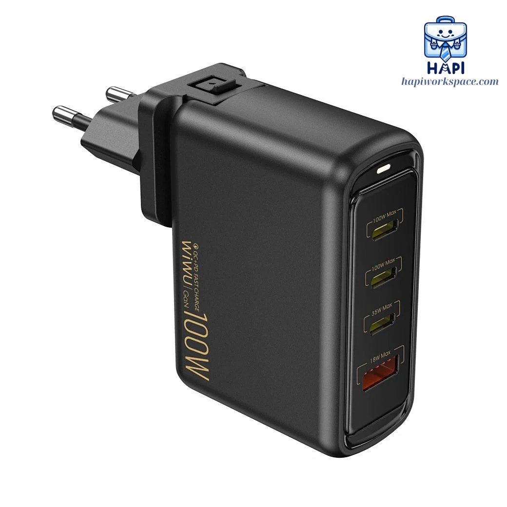 Củ sạc hàng chính hãng WiWU Warrior GaN 100W (3C1A) Wi-U022W: Sạc nhanh laptop, điện thoại, kèm đầu chuyển đa quốc gia