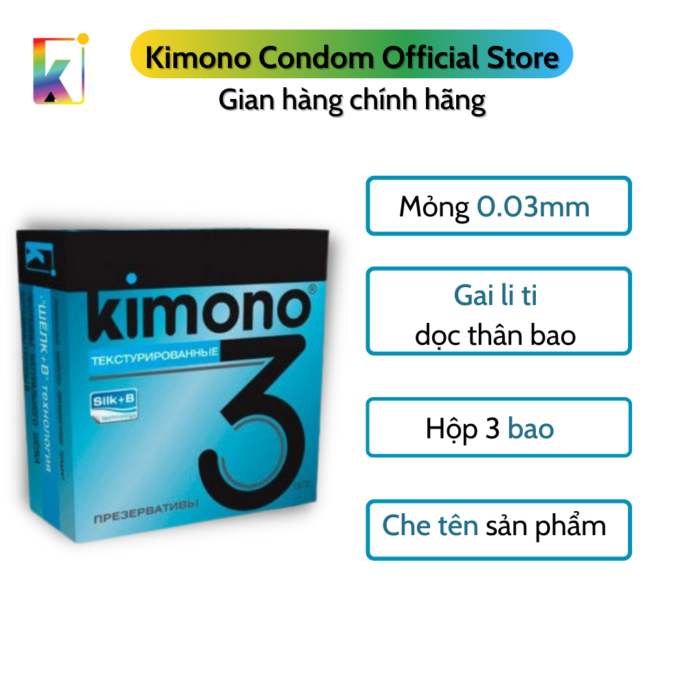 Bao cao su Kimono Blue Siêu mỏng 0.03mm - Gai nổi - Hộp 3 bao