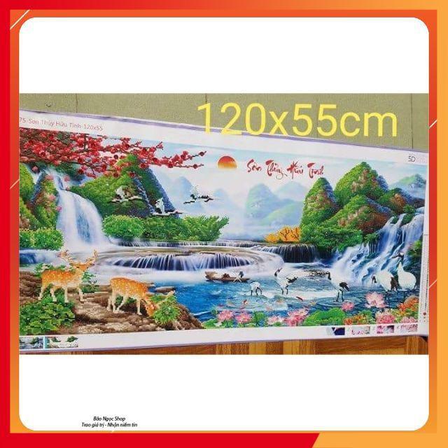 Hot Sale Tranh đính đá phong cảnh lưu thủy sinh tài 120x65cm chưa đính hàng sẵn