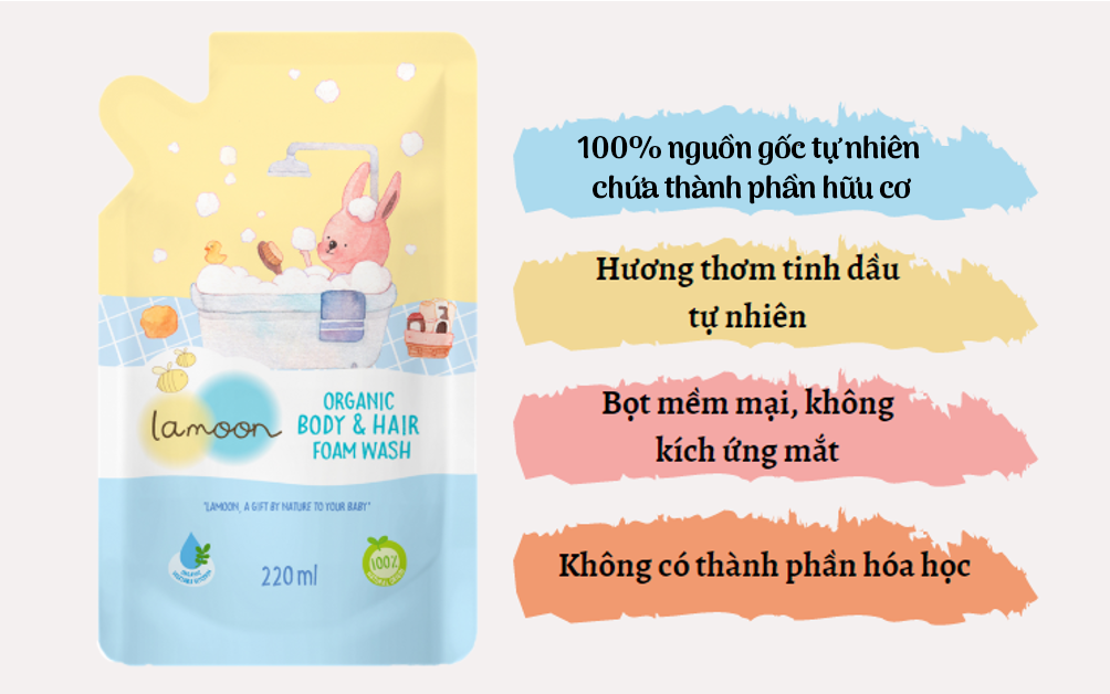 Sữa tắm gội Organic cho bé dạng bọt Lamoon - Túi 220ml