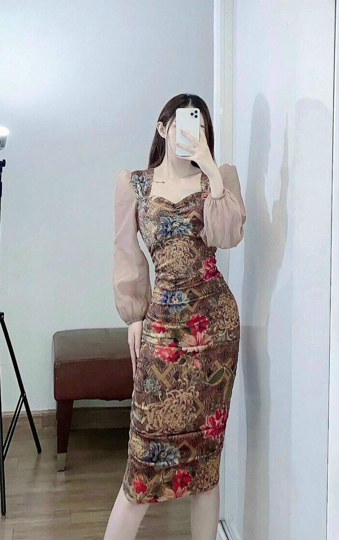 Đầm body họa tiết hoa lá tay phồng thời trang