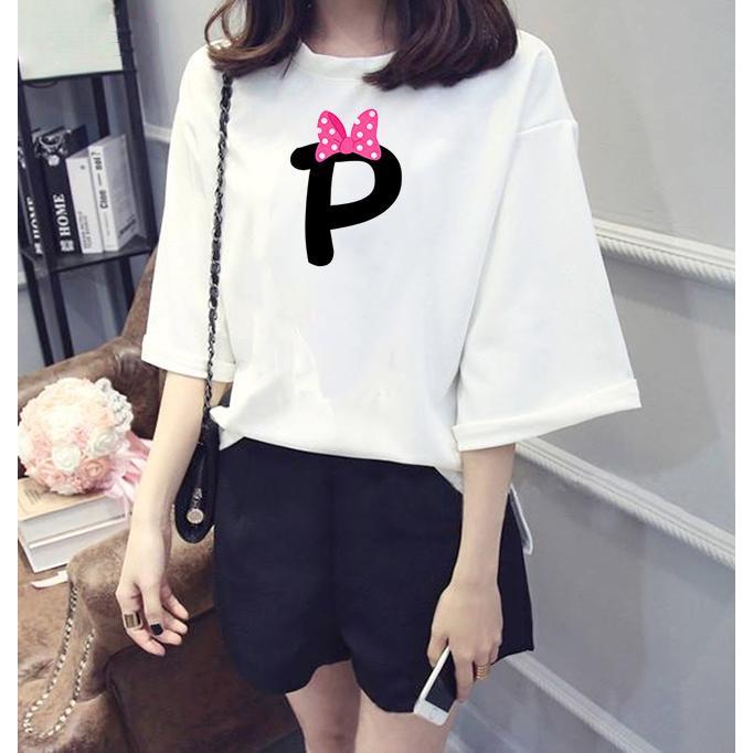 Áo thun nữ tay lỡ form rộng chữ P đeo nơ vải dày mịn TEEWOC16