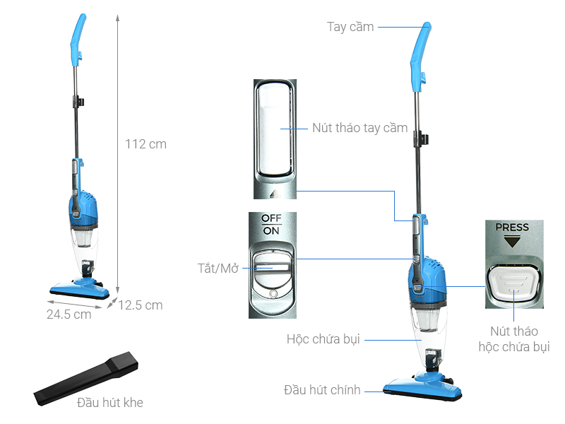 Máy hút bụi cầm tay MIDEA MCV-16T-B Dây điện dài 5m - Lực hút siêu mạnh - 2 kiểu máy hút bụi dạng đứng và cầm tay - Hàng Chính Hãng