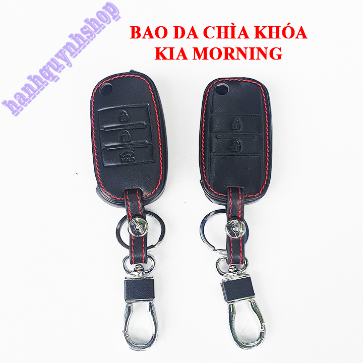 Bao da chìa khóa Morning màu đen chỉ đỏ tặng kèm móc