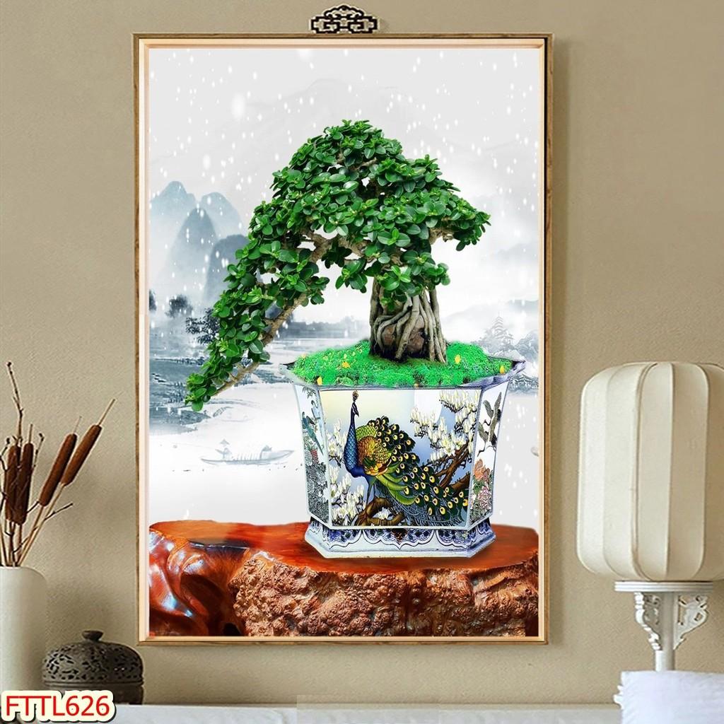Tranh dán tường Tranh tết Tranh thư pháp Chậu Bonsai - hoa mai 38, Tranh dán tường 3d hiện đại