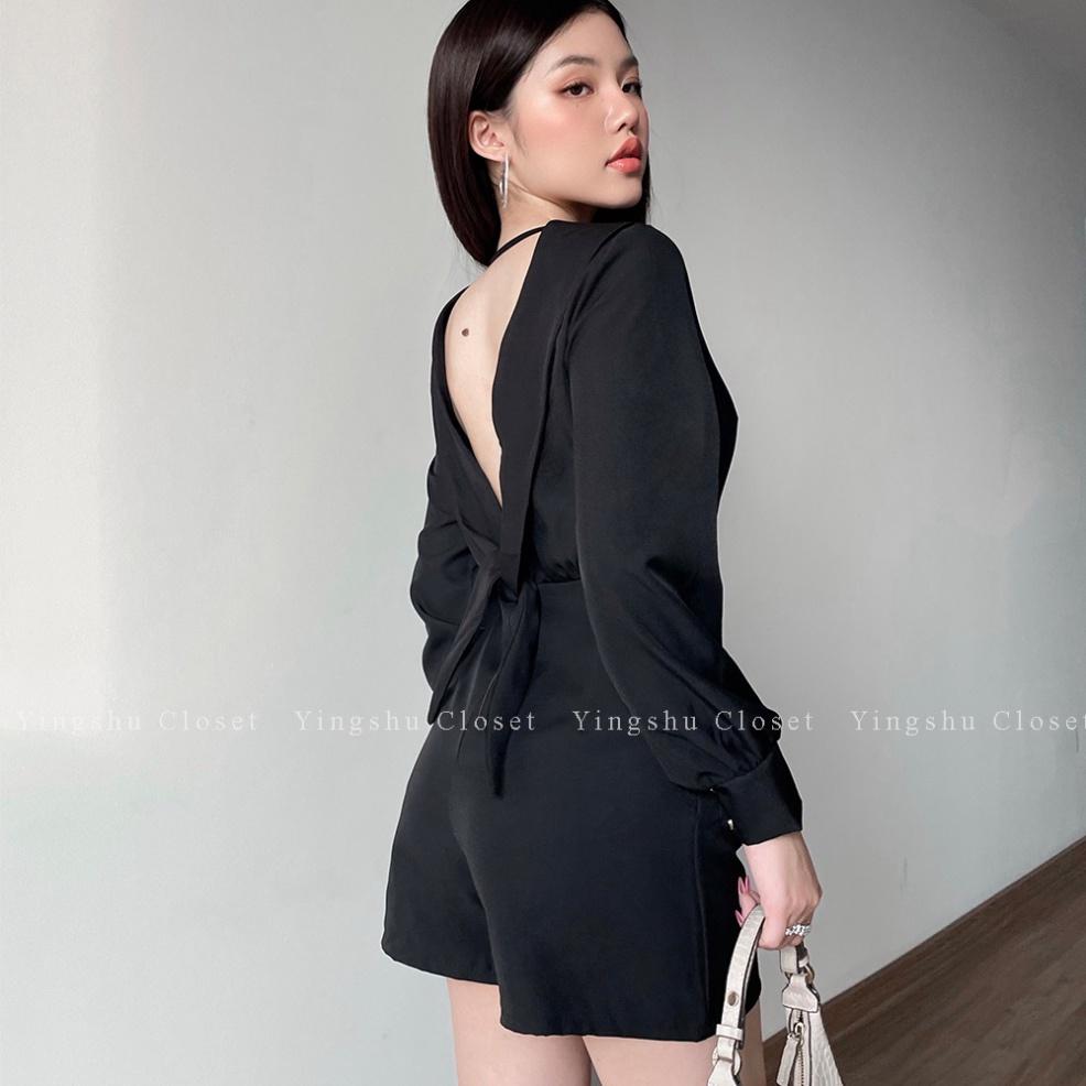 Jumpsuit đùi ngắn hở lưng cotton tay dài đen cổ V ivy.fashion đi biển dự tiệc dạo phố bigsize gợi cảm sexy