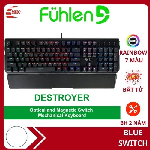 Bàn phím cơ Blue switch Fuhlen D (Destroyer), Phím Gaming Led RGB 7 màu RAINBOW- Hàng nhập khẩu