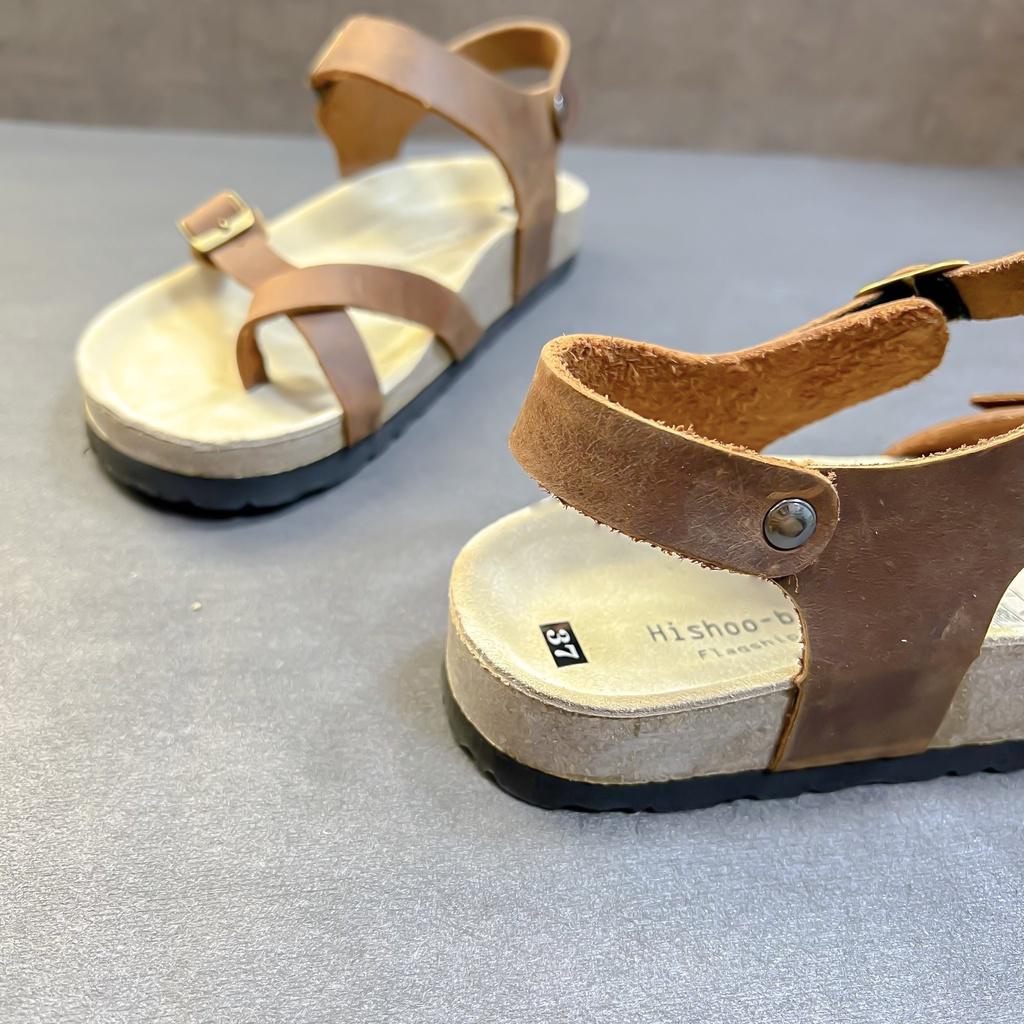 Dép đế trấu birken da bò sáp nam nữ unisex 2 khóa quai sandal xỏ ngón size 35 - 43 chính hãng Hishoo S108