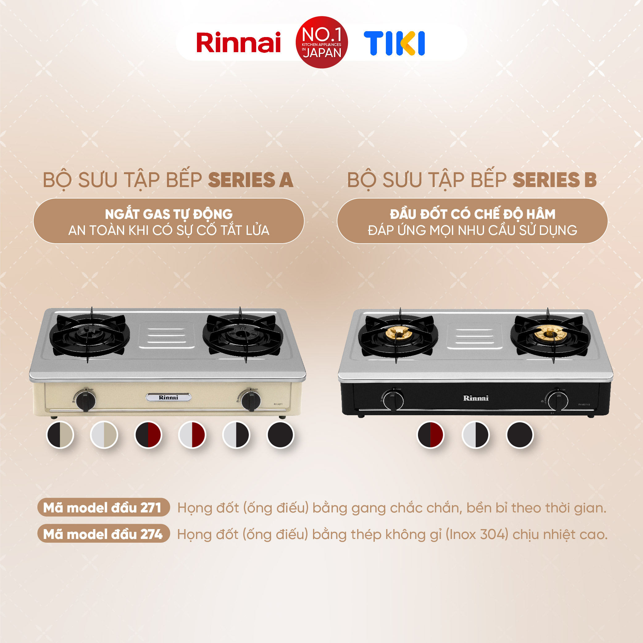 Bếp gas dương Rinnai RV-B274SB(S) mặt bếp inox và kiềng bếp men - Hàng chính hãng.