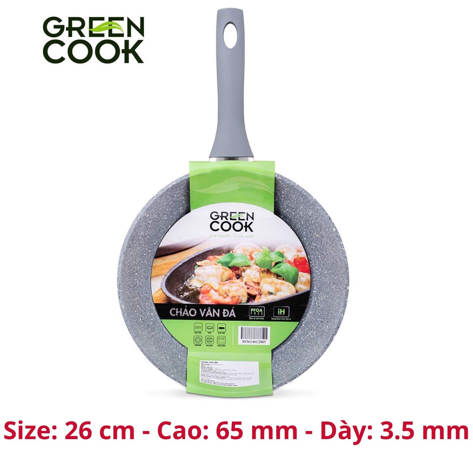 Chảo chống dính đáy từ vân đá Green cook, chảo chống dính bếp từ Green Cook GCP02