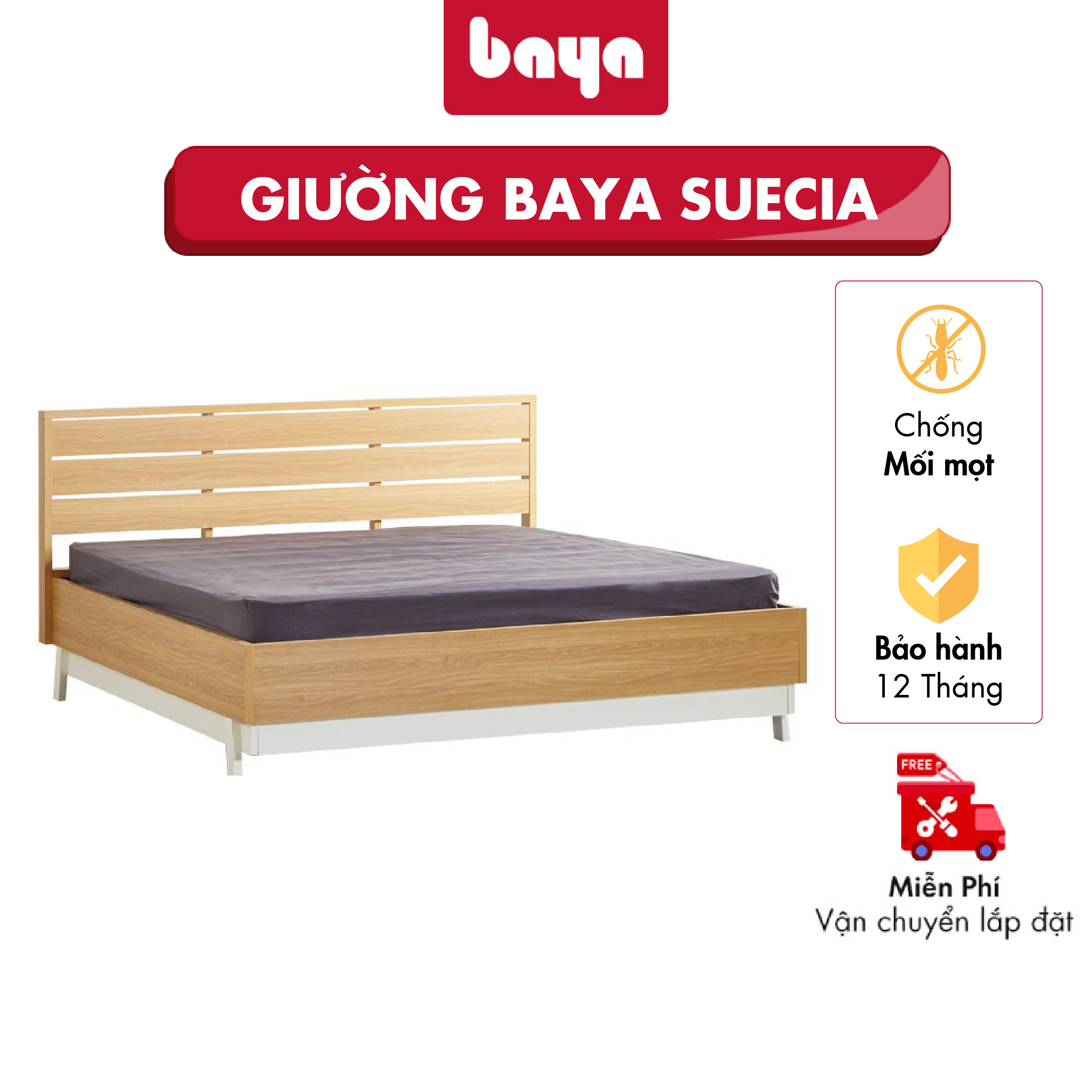 Giường Ngủ Đôi BAYA SUECIA Chất Liệu Gỗ MFC Bền Chắc Và Vững Chãi, Thiết Kế Tinh Tế Mộc Mạc Trên Gam Màu Trang Nhã Sang Trọng