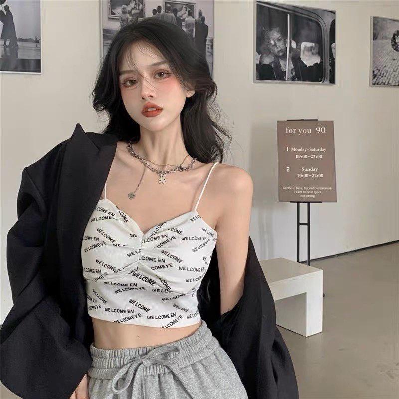 M196. Áo 2 dây có mút ngực croptop in chữ cá tính, áo kiểu nữ đẹp sang chảnh 2023