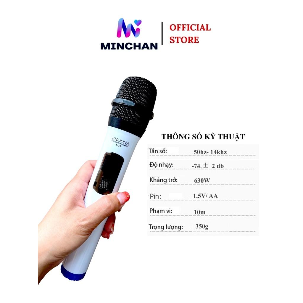 Micro Không Dây Sạc Pin UHF Ehoona E-15 Minchan Dành Cho Loa Kéo Loa Bluetooth Amply Hát Karaoke Zack Cắm 3.5 6.5mm