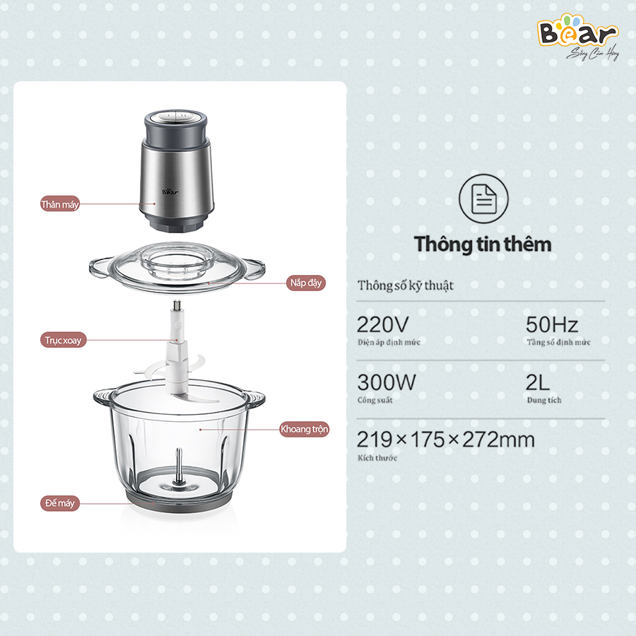 [Hàng Chính Hãng]Máy xay đa năng Bear 2L QSJ-B03Y7 màu xám. công suất 300W, dung tích 2L bằng Inox 304, cối thủy tinh borosilicate, vỏ ABS có khả năng chịu nhiệt cao; vận hành êm ái, giảm tiếng ồn.