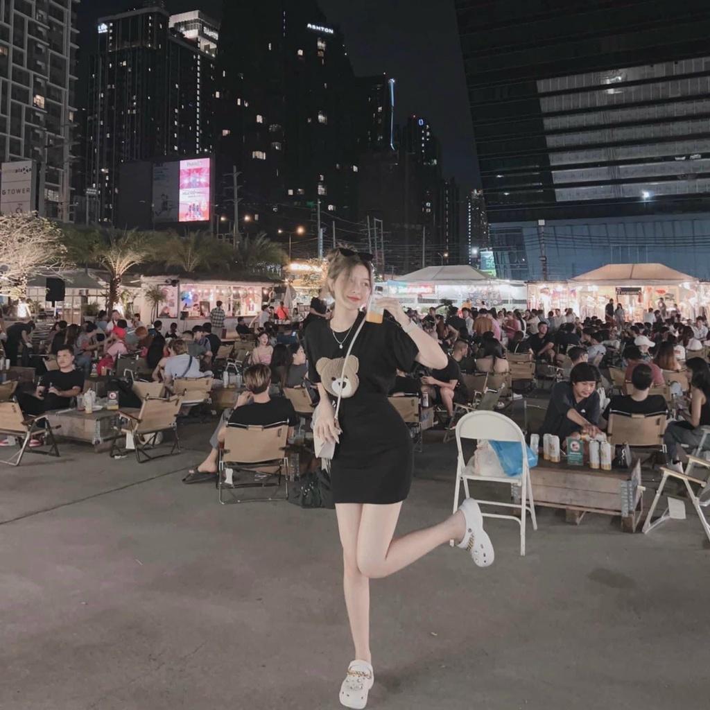 Đầm váy nữ body họa tiết gấu thêu cute dành cho các nàng đi chơi, dạo phố siêu xinh
