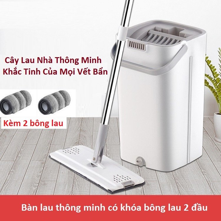 Chổi Lau Nhà Thông Minh Tự Vắt Phân 2 Luồng Nước Sạch Và Bẩn Thế Hệ Mới Kèm 4 Bông - Lau Cây Lau Nhà