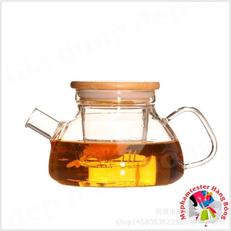 Set ấm chén trà thuỷ tinh nắp tre dung tích 600ml