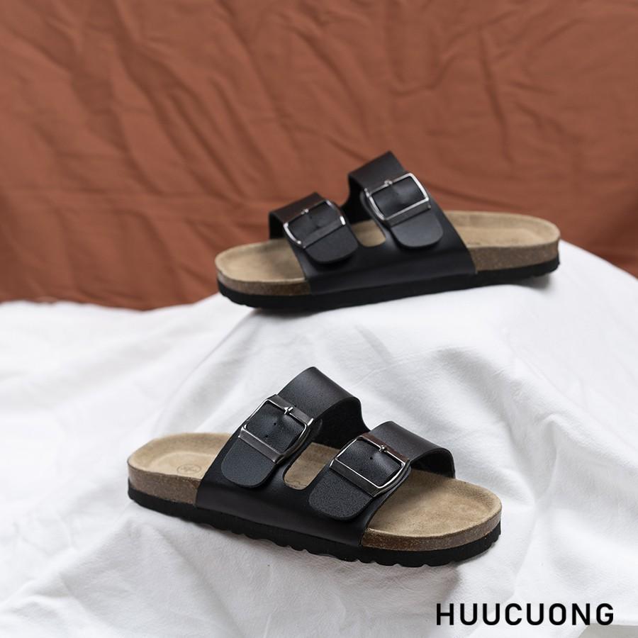 Dép unisex HuuCuong 2 khóa đen đế trấu handmade