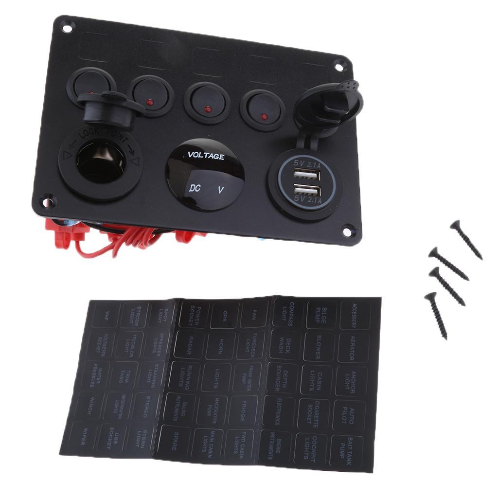 12-24V Dual USB Port Charger Voltmeter 5 Gang Toggle Switch Panel Red LED