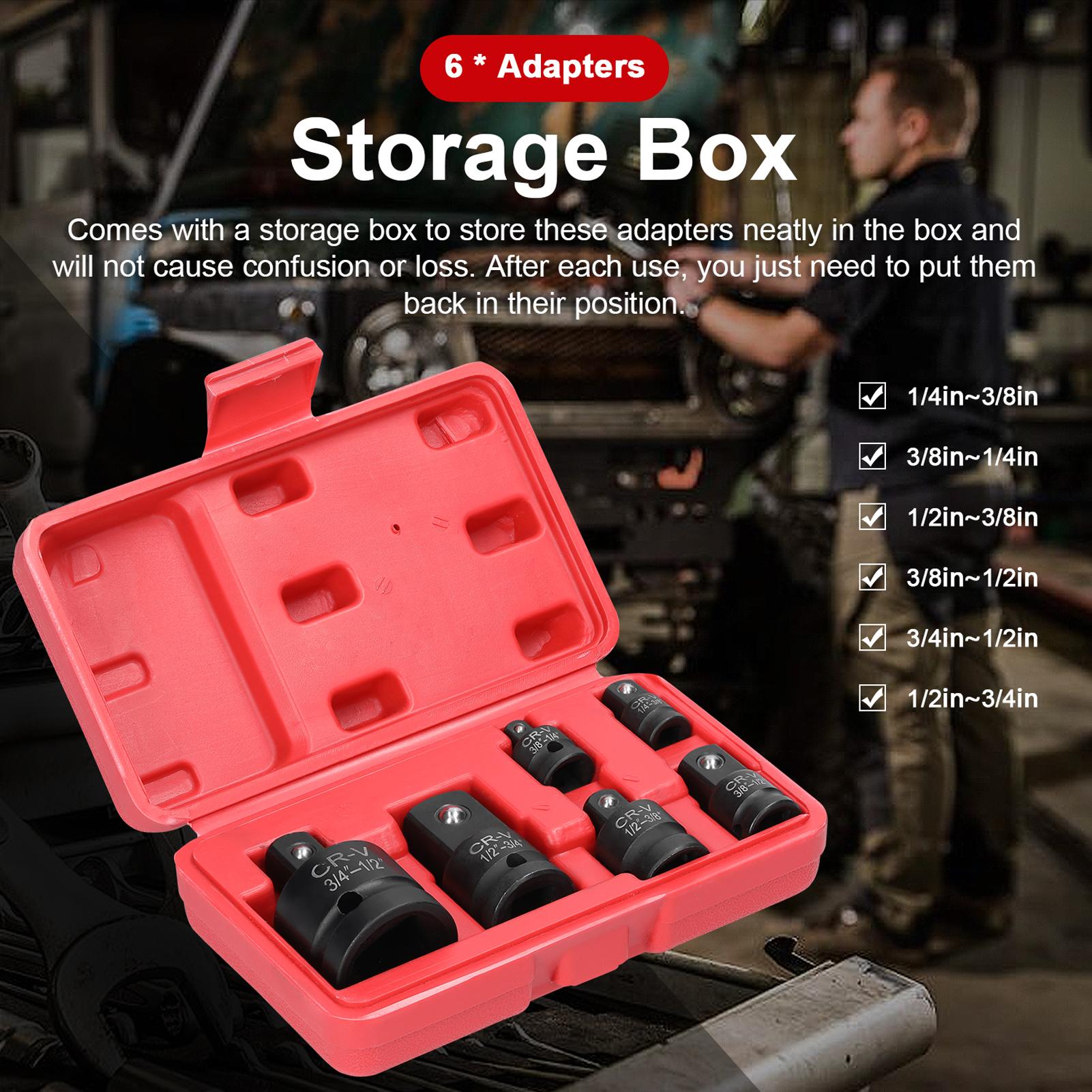 6Pcs Impact Adapter Reducer Set Socket Convertor Adapter 1/4inch 3/8inch 1/2inch 3/4inch for Impact Driver Conversions with Storage Box