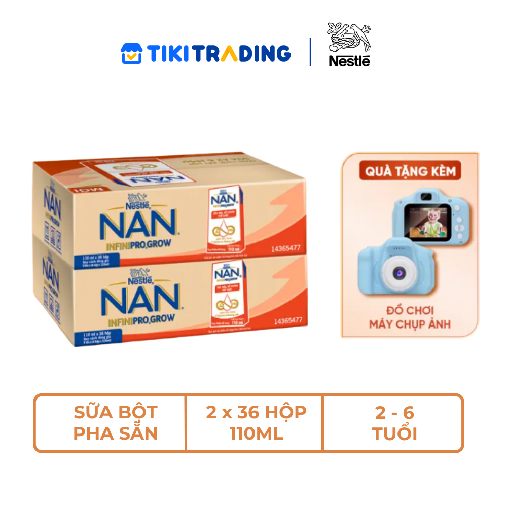 [Tặng Máy chụp ảnh] Combo 2 Thùng 36 hộp sữa pha sẵn Nestle NAN INFINIPRO GROW với công thức vượt trội kết hợp sữa A2 và HMO hỗ trợ tiêu hóa, đề kháng và phát triển thể chất (4x110ml)