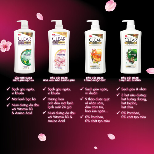 Dầu gội sạch gàu Clear Hoa Anh Đào đánh bay gàu & nhờn ngứa, sảng khoái cả ngày dài 630G