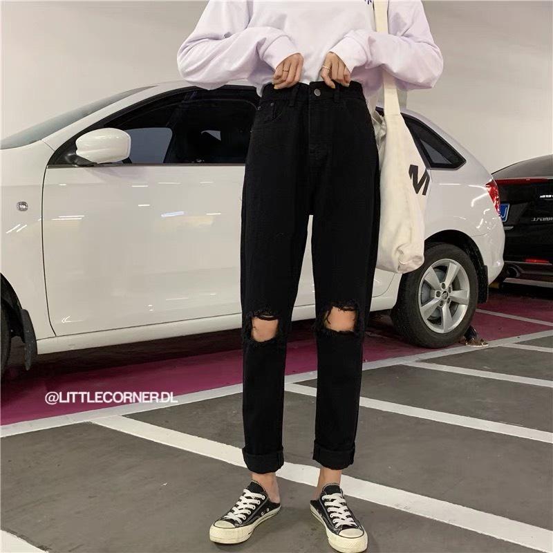 Quần slim baggy jean đen rách gối ô vuông - Quần boyfriend ống suông lưng cao quảng châu hàng sẵn