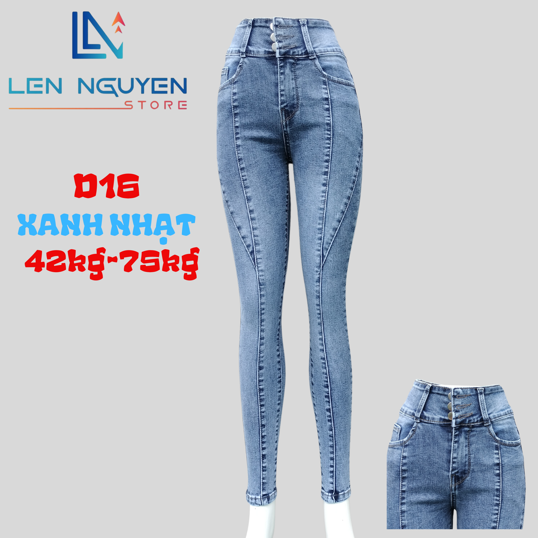 D16_ Quần jean nữ , 3 Nút Lưng Siêu Cao,dài Quần 95CM Thiết Kế xếp ly xéoPants Women Denim Xám