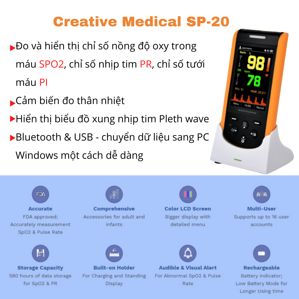 Máy đo nồng độ oxy trong máu SpO2 cầm tay Creative Medical SP-20, kết hợp kiểm tra thân nhiệt