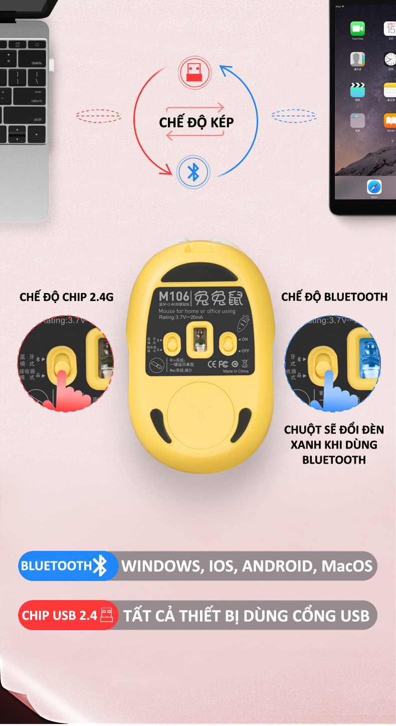 Chuột không dây M106 kết nối bằng Bluetooth và chip 2.4G siêu tiết kiệm pin, màu sắc cá tính thiết kế nhỏ gọn - Hàng Chính Hãng