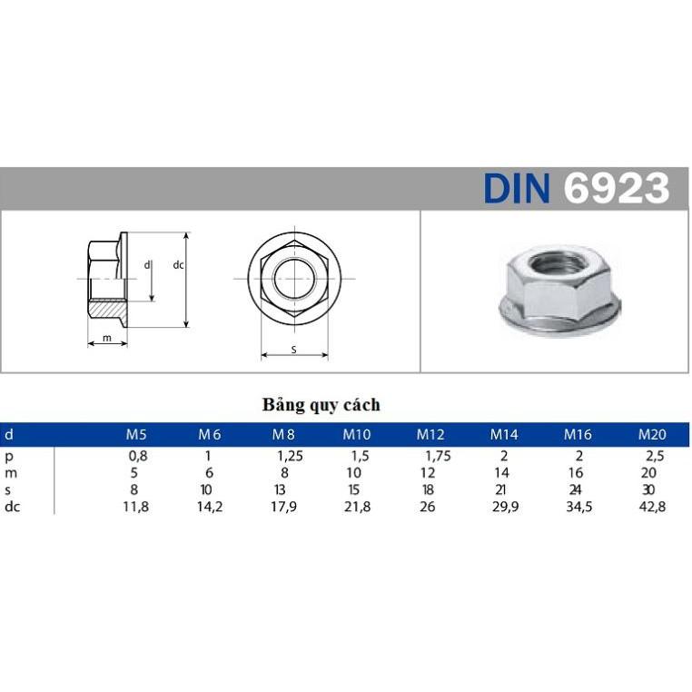 Combo 10 con đai ốc, ecu liền long đen inox . M3 M4 M5 M6 M8 M10 M12 M14 M16