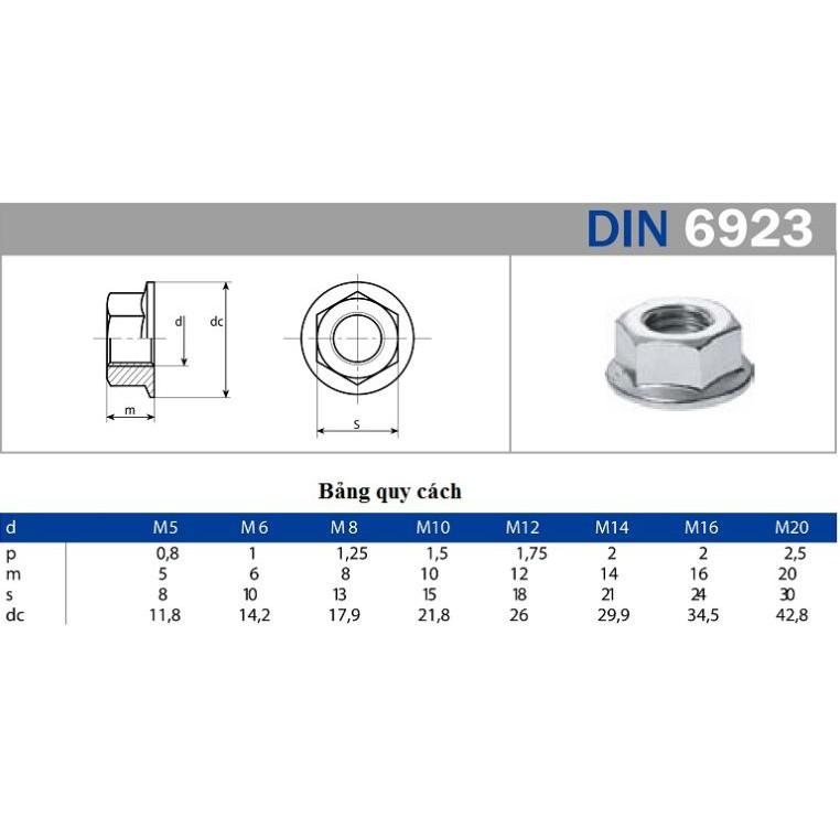 Combo 10 con đai ốc, ecu liền long đen inox (ê cu). M3 M4 M5 M6 M8 M10 M12 M14 M16