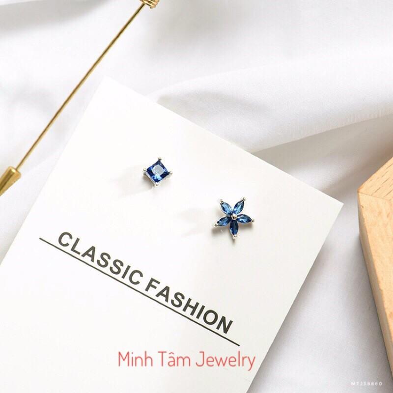 Bông tai bạc 925 bất đối xứng hình lập phương và ngôi sao xanh-Minh Tâm Jewelry