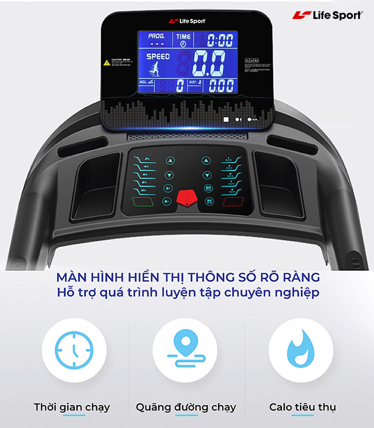 Máy Chạy Bộ Lifesport LS-5000,Máy Chạy Bộ Hiển Thị Nhịp Tim Lượng Calo Và Tốc Độ Và Quãng Đường Chạy, Vùng Chạy Rộng