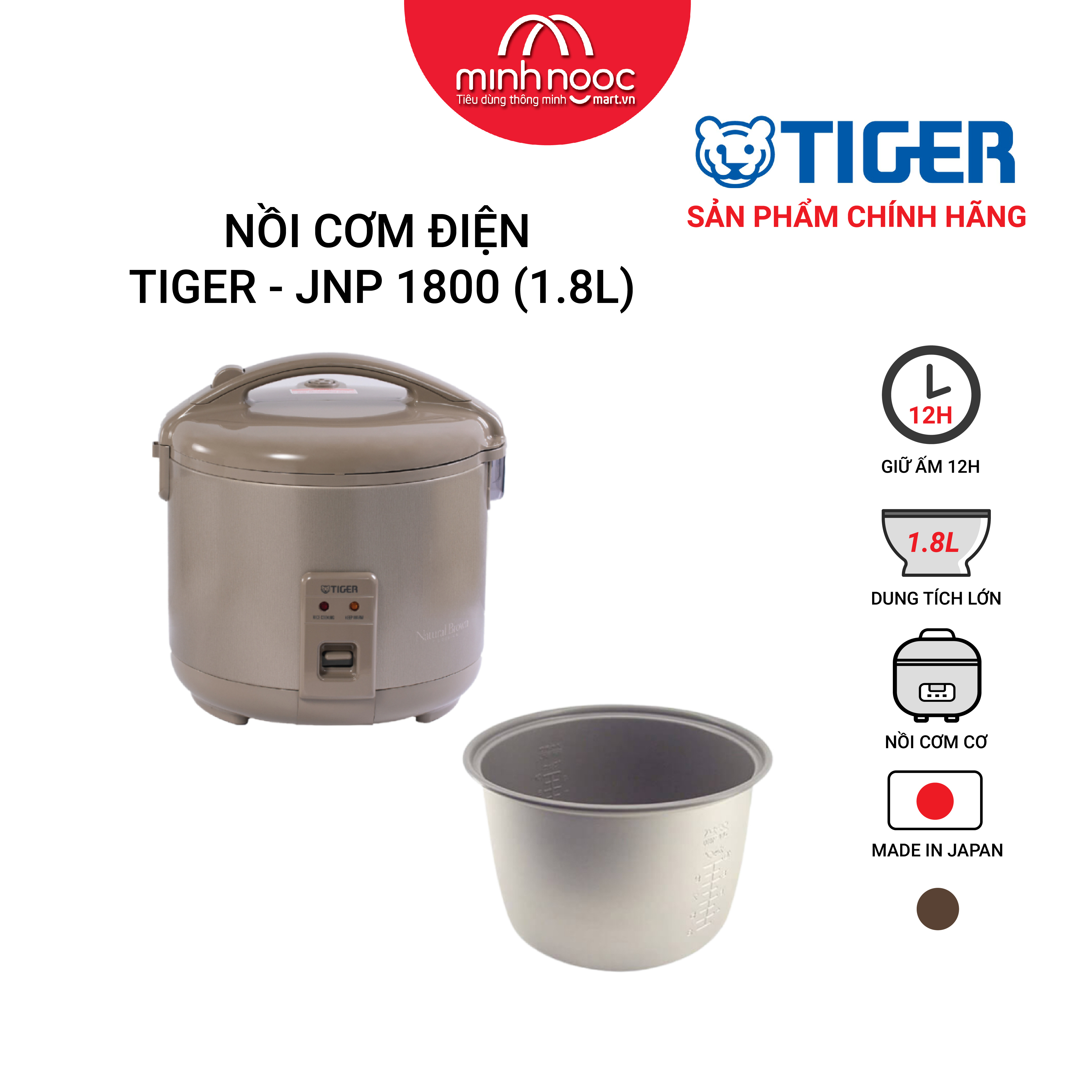 HÀNG CHÍNH HÃNG: Nồi cơm điện Tiger dung tích 1.8l  JNP - 1800 MADE IN JAPAN màu hồng và nâu