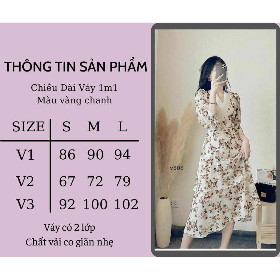 Đầm hoa nhí vintage vải voan SANMAY Váy Maxi Dài Thiết Kế cổ V tay phồng, dáng dài ôm eo VD014