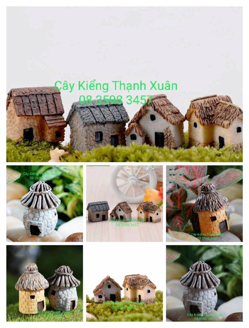 Phụ kiện trang trí chậu cây kiểng, tiểu cảnh sen đá xương rồng, Mô hình ngôi NHÀ MÁI TRANH trang trí sân vườn, hồ cá