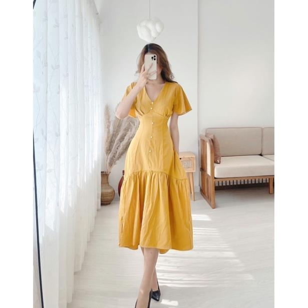 Đầm midi cổ V tay ngắn đuôi cá dài nút ngọc 5 màu