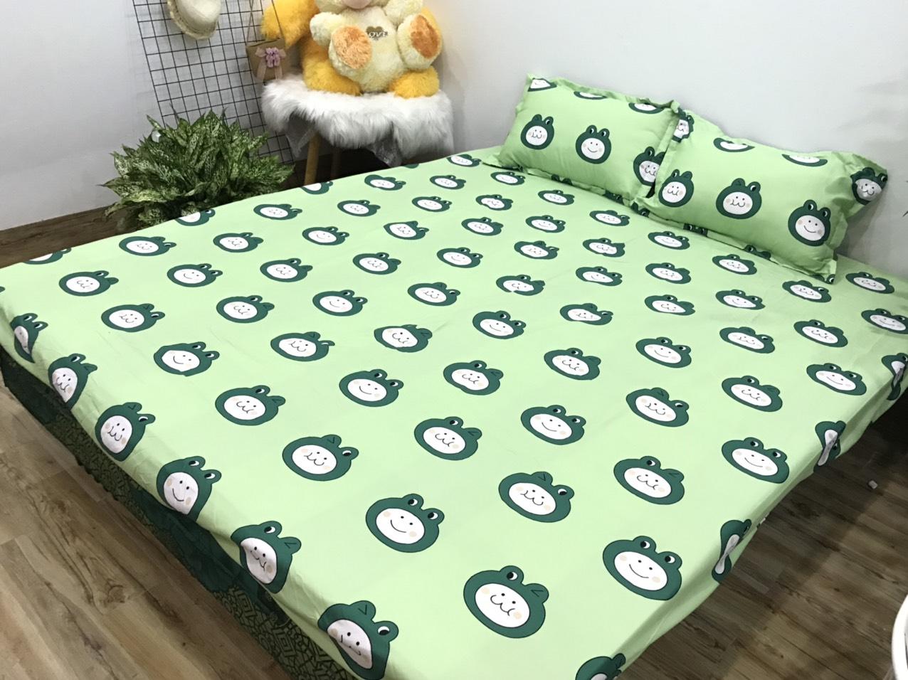 Set Ga Gối 3 Món Cotton Poly Hình Ếch Xanh ( gồm 1 ga chun và 2 vỏ gối nằm)