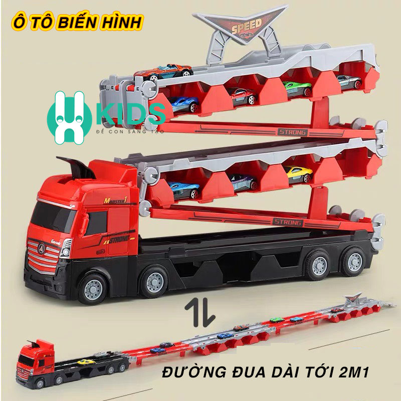 Đồ chơi xe tải container 3 tầng biến dạng lắp ghép thành đường đua dài 2m kèm nhiều ô tô hợp kim kích thước lớn cho bé