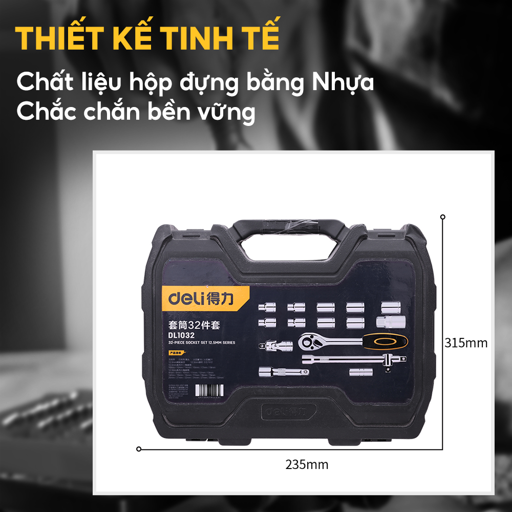 Bộ đầu tuýp 32 chi tiết bằng théo Cr-v 50BV30 cần tuýp 12.5mm Deli DL1032